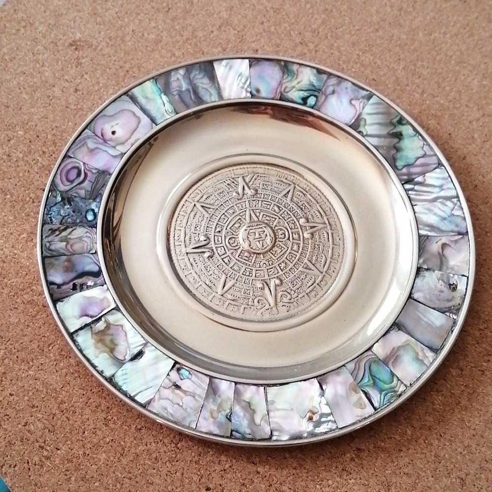 Vintage Abalone And Mayan Calendar On Gold Plated Mexican Alpaca Plate.